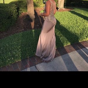 Taupe and champagne gold sequence prom dress.